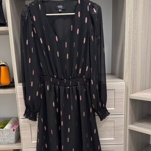 MSK Black Long Sleeve V-Neck Dress with Rose Gold Dot Print